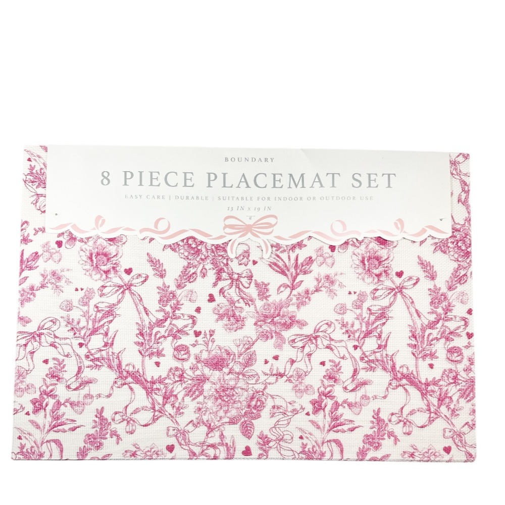 NEW Boundary VALENTINE PINK BOW, HEARTS & FLOWERS Indoor/Outdoor Placemat Set/8
